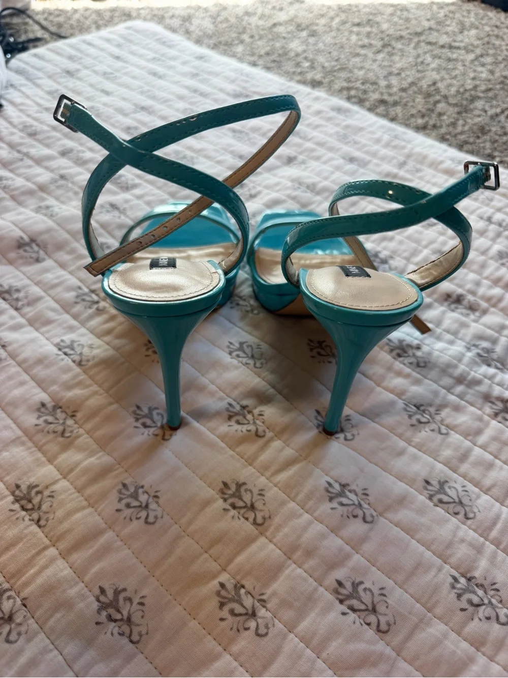Nine West Sadie3 Turquoise Blue Patent Platform Heels Size 7 Strappy Sandals